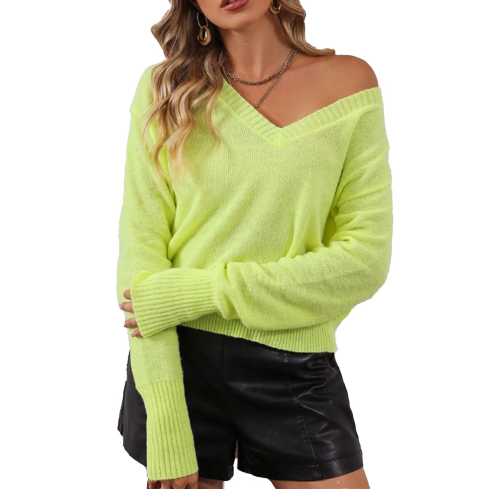 Women Knitwear Long Sleeve Sweater V Neck Pullover Sweater Loose Knit Top for Indoor Outdoor Yellow Green M