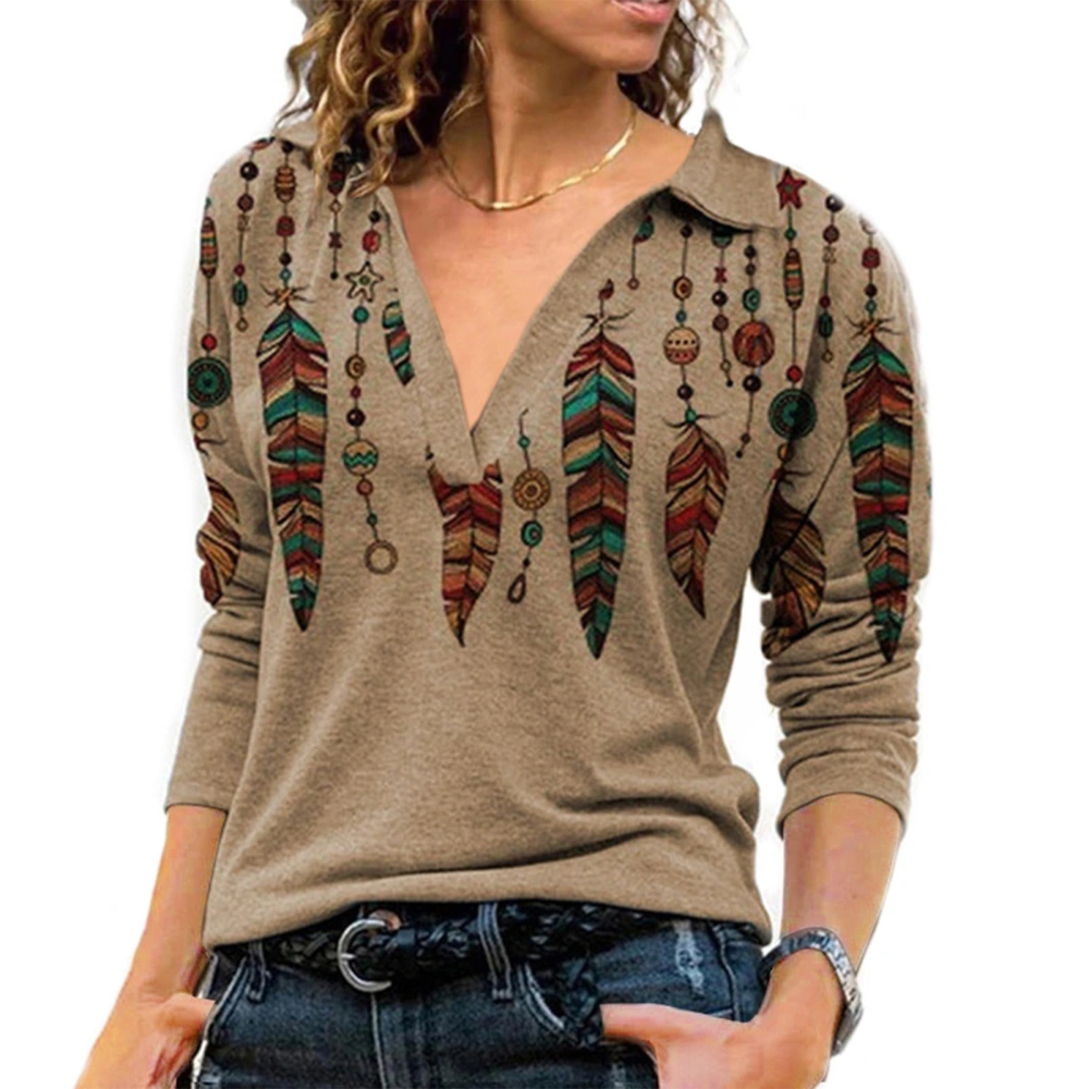 Woman V Neck Fashion Print Shirt Turn Down Collar Stylish Shirt Long Sleeve Loose Top Khaki Pendant S