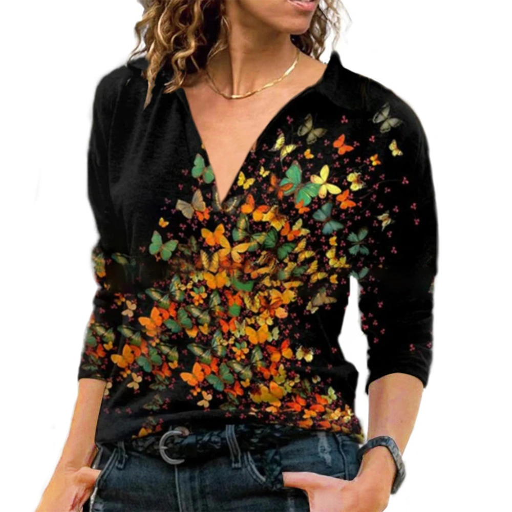 Woman V Neck Fashion Print Shirt Turn Down Collar Stylish Shirt Long Sleeve Loose Top Black Printed XXXXL