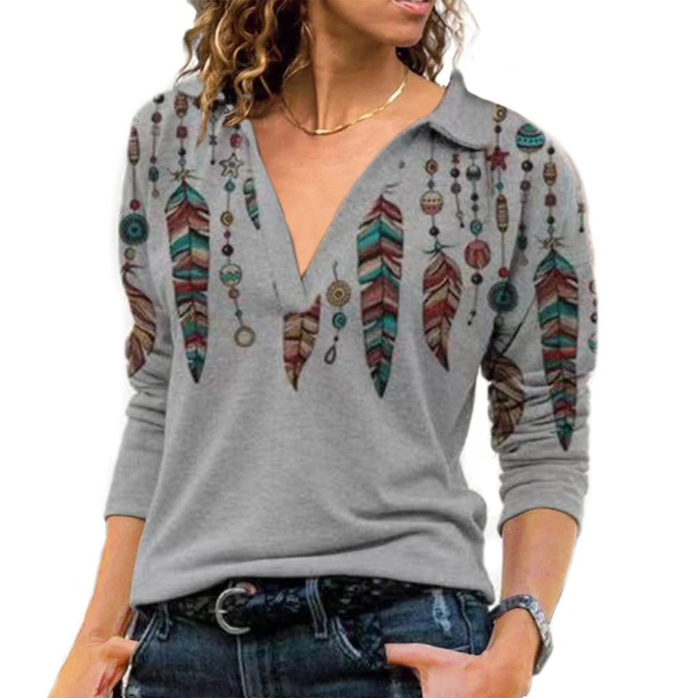 Woman V Neck Fashion Print Shirt Turn Down Collar Stylish Shirt Long Sleeve Loose Top Grey Pendant XXXXXL