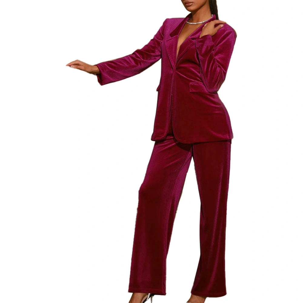 Woman Pure Color Suit Outfit V Neck Long Sleeve Top Long Pants Fleece Fashionable Suit Set Wine Red XL