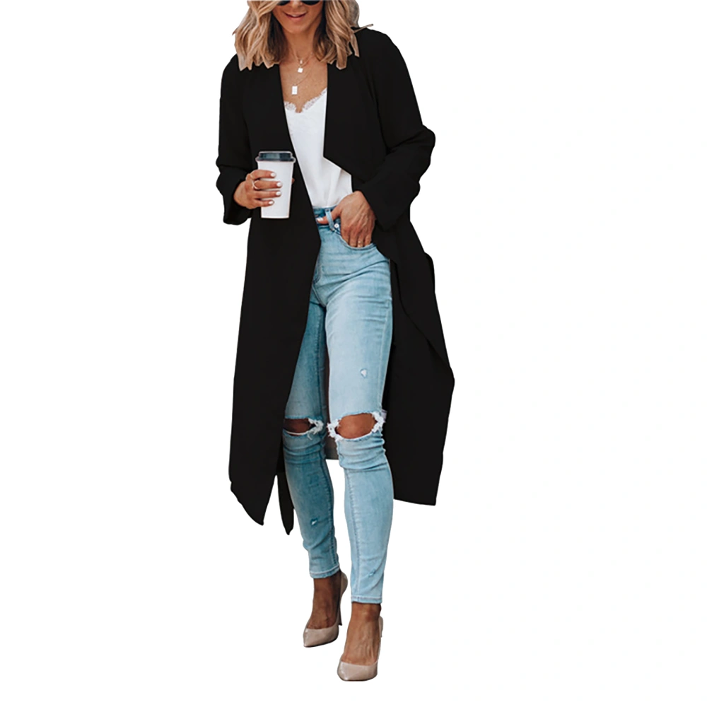 Women Trenchcoat Open Front Maxi Long Pure Color Soft Comfortable Women Overcoat for Outing Travel Party Black L