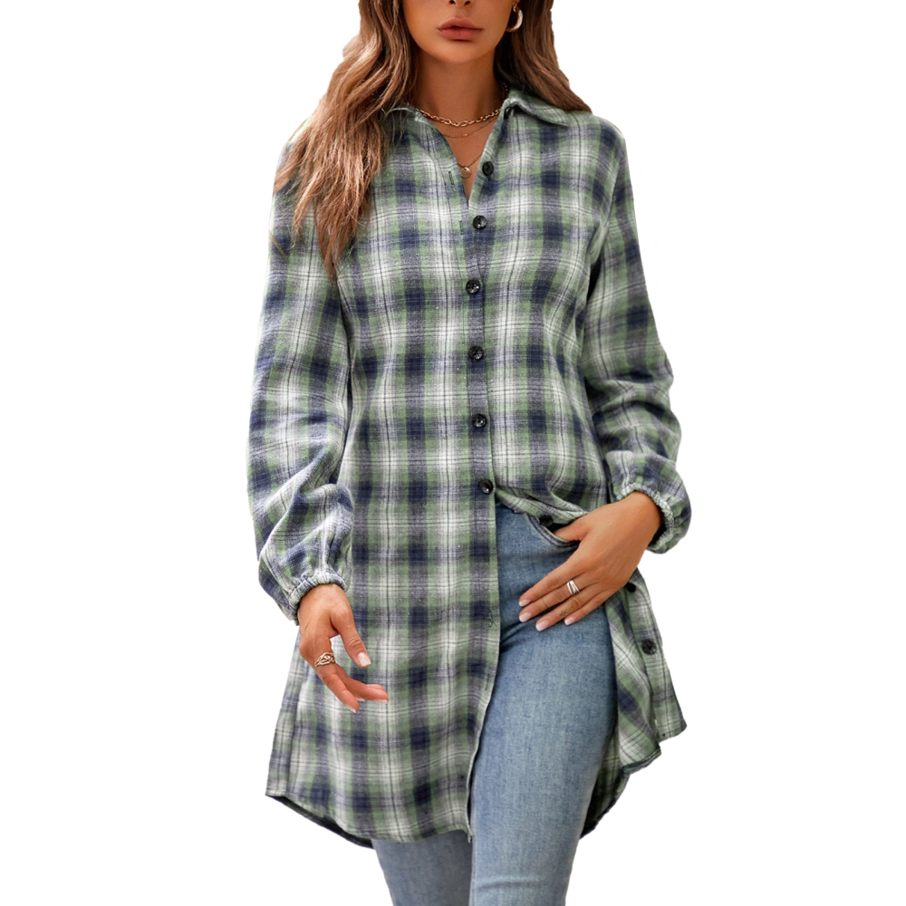 Women Plaid Jacket Turn Down Collar Button Up Back Bow Tie Long Sleeve Casual Shirt Top Green L