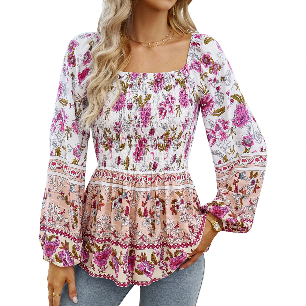 Women Off Shoulder Top Long Puff Sleeves Bust Pleated Loose Hem Floral Printing T Shirt Light Coffe L