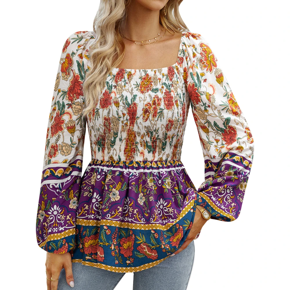 Women Off Shoulder Top Long Puff Sleeves Bust Pleated Loose Hem Floral Printing T Shirt Purple XL