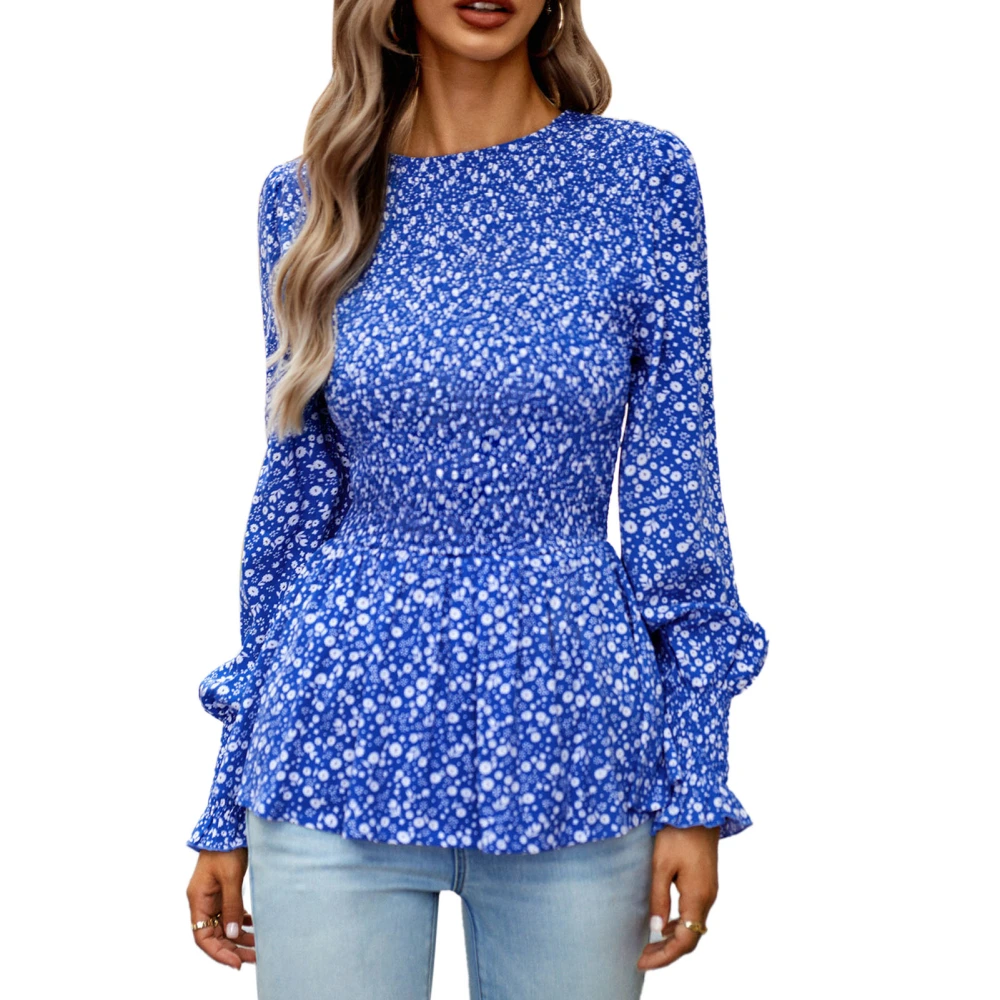 Women Blouse Long Lantern Sleeve Round Neck Shirred Ruffle Hem Print Casual Lady Top for Autumn Winter Blue S