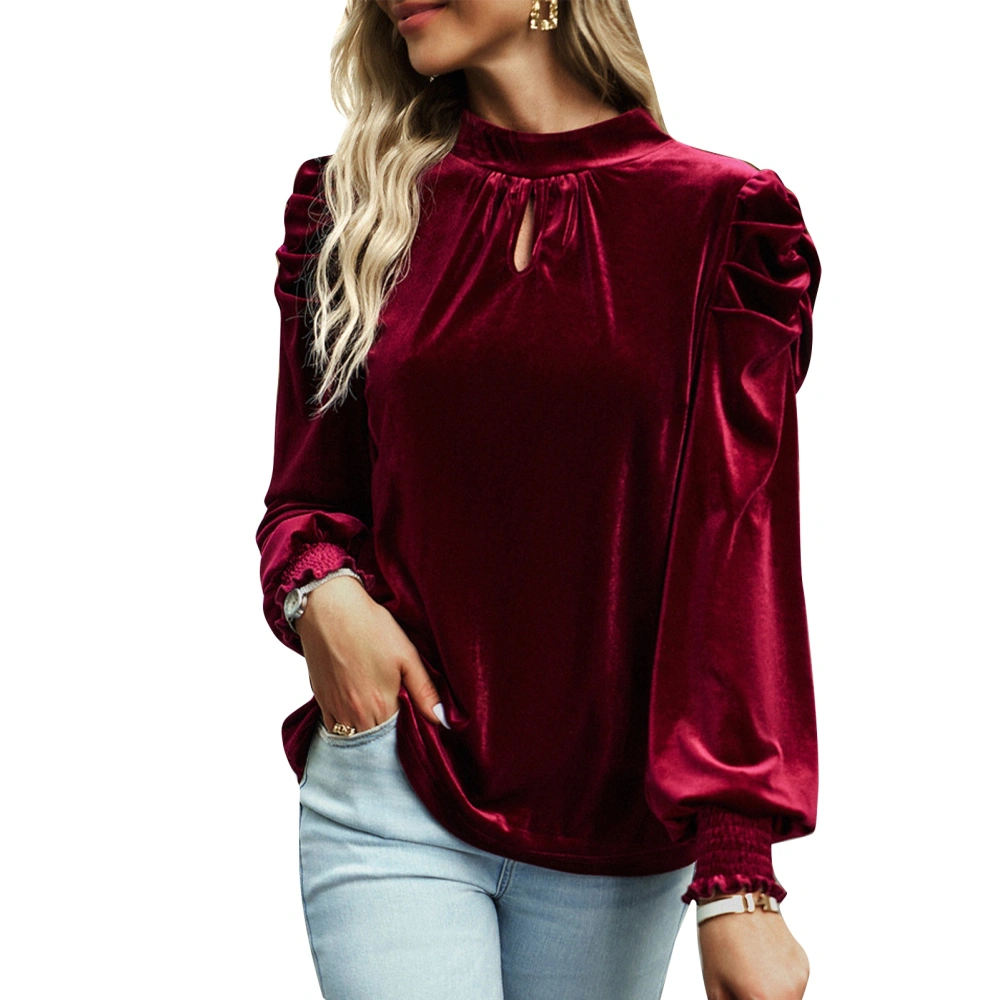 Velvet Long Sleeve Top Round Neck Ruffled Shoulders Sleeve Tight Cuffs Blouse for Party Shopping Office Wine Red M