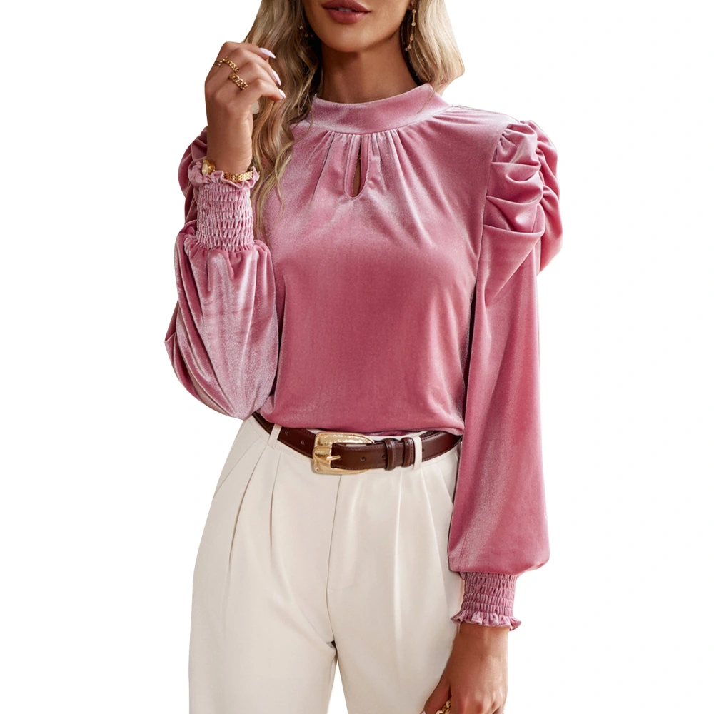 Velvet Long Sleeve Top Round Neck Ruffled Shoulders Sleeve Tight Cuffs Blouse for Party Shopping Office Pink S