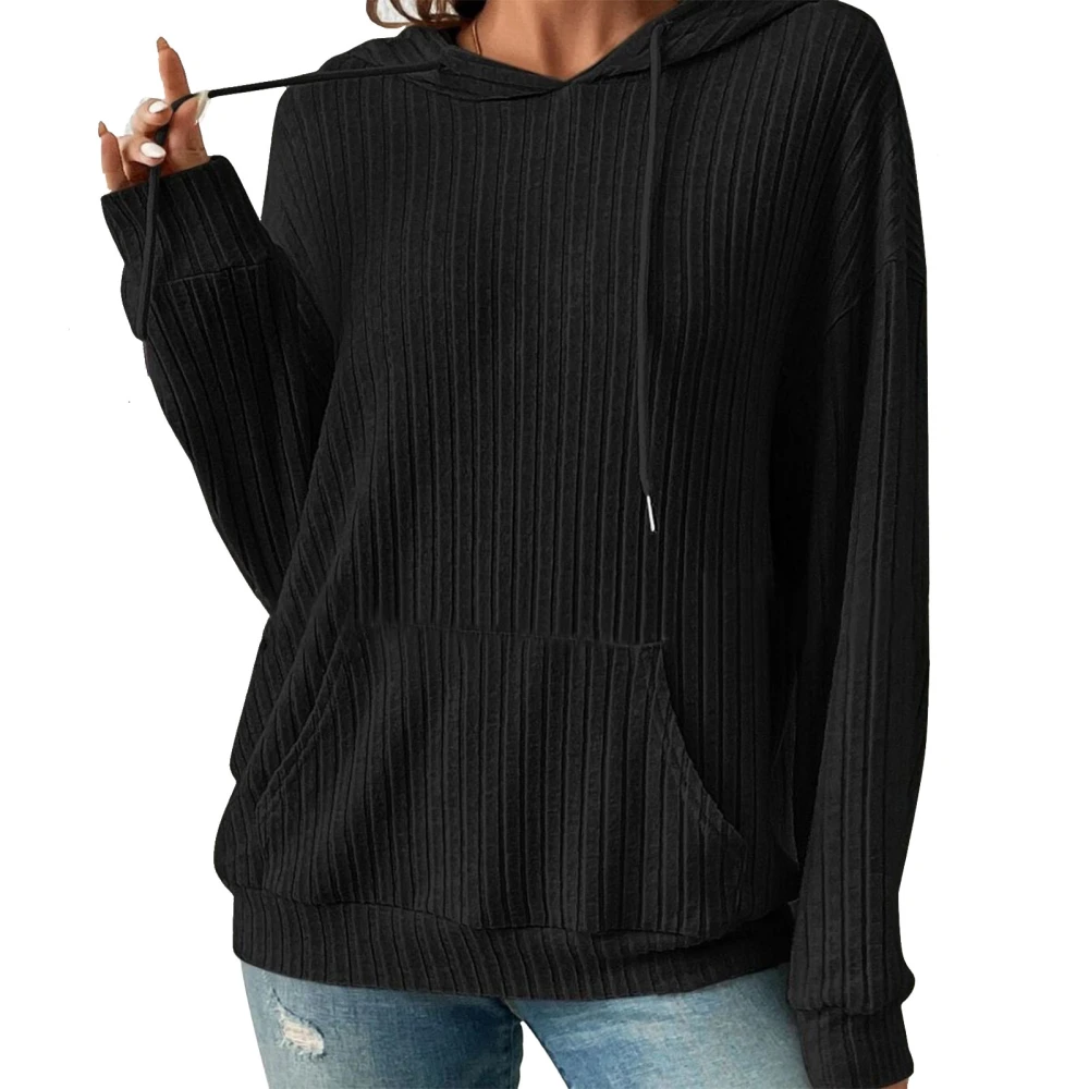 Women Knit Hoodie Pullover Long Sleeves Drawstring Loose Women Hooded Sweatshirt with Pocket for Work Party Shopping Black XXL