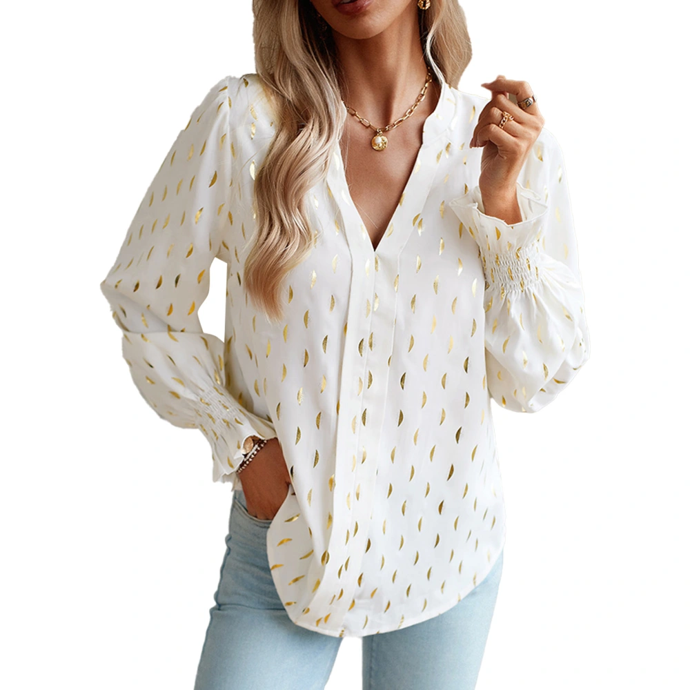 Women Long Puff Sleeve Blouse V Neck Shirred Cuff Golden Dots Elegant Casual Pullover Top Beige S