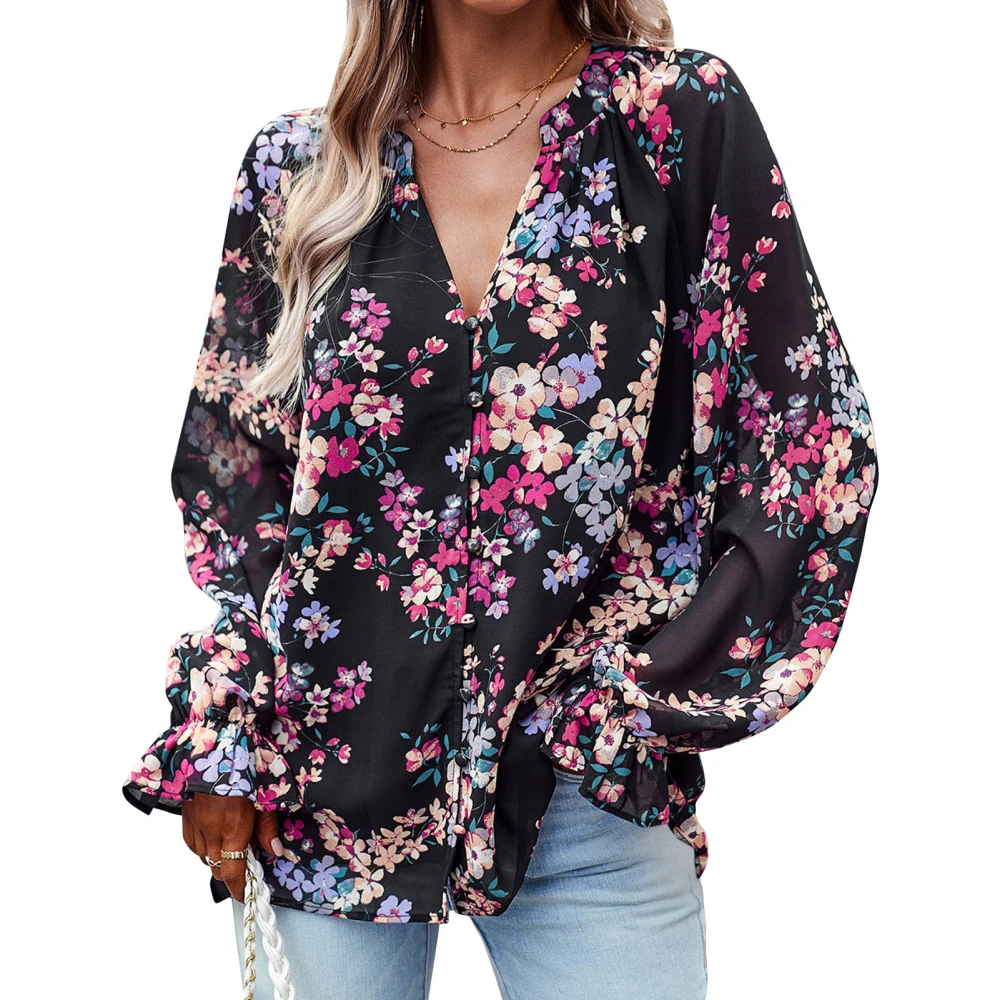 Women Long Sleeve Shirt V Neck Ruffle Cuffs Loose Fitting Casual Floral Printing Blouses for Daily Wear Black XL