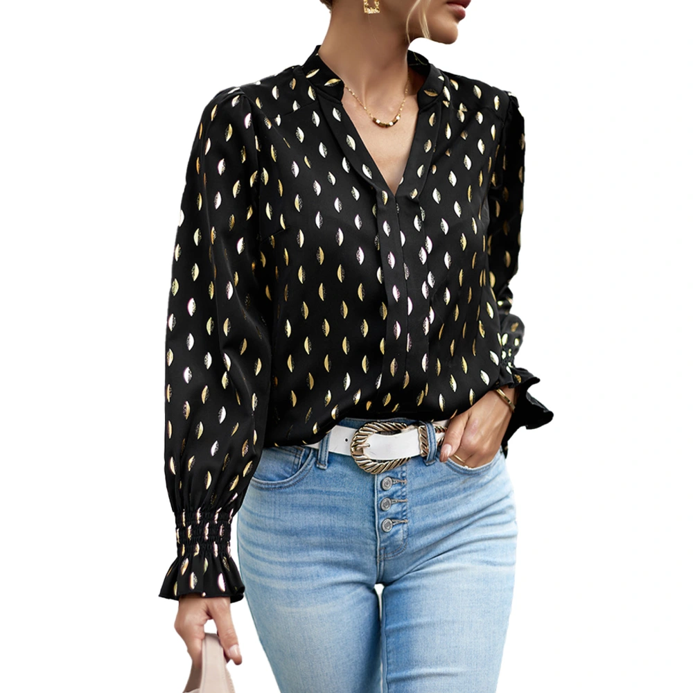 Women Long Puff Sleeve Blouse V Neck Shirred Cuff Golden Dots Elegant Casual Pullover Top Black M