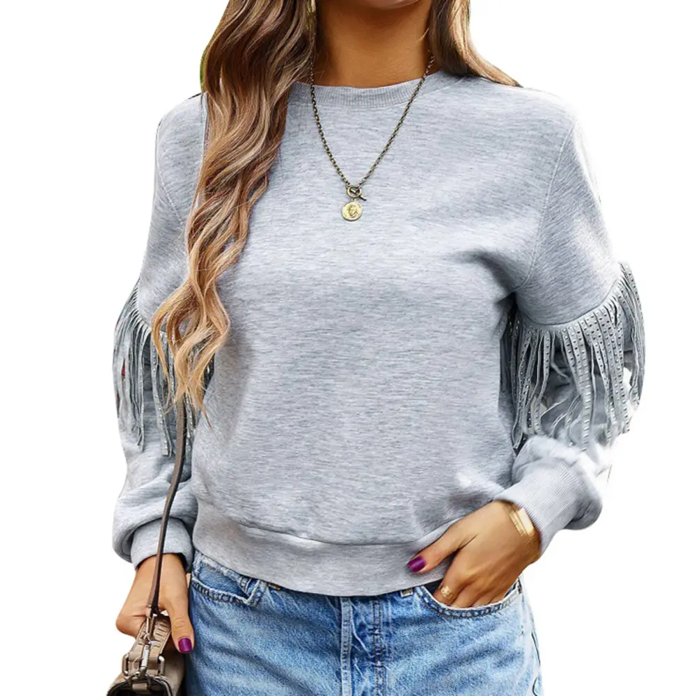 Women Round Neck Long Sleeve Top Leisure Simple Loose Clothing for Autumn Winter Gray L