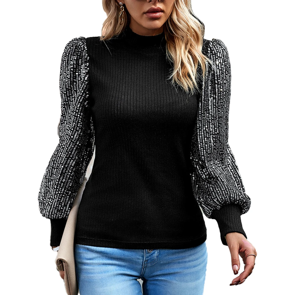 Women Long Sleeve Tops Half Turtleneck Loose Sequin Sleeve Blouse Tops for Fall Winter Black M