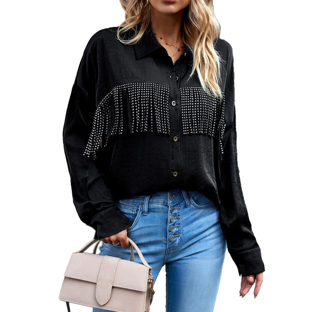 Tassel Long Sleeve Blouse Turn Down Collar Drop Shoulder Button Up Tassel Trim Blouse Shirt Black M