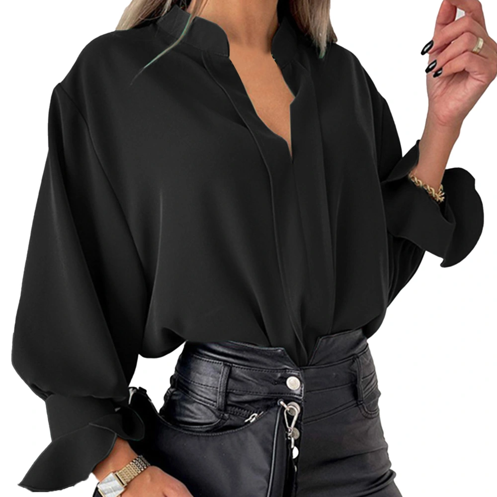 Women V Neck Long Sleeve Shirt Fashion Casual Pure Color Women Long Sleeve Loose Blouse for Daily Party Shopping Travel Black M