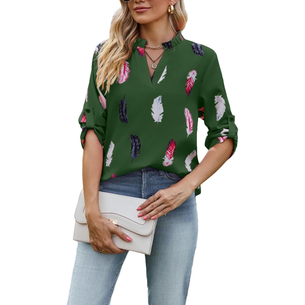 Feather Printed Blouse Top 3/4 Sleeve V Neckline Casual Fitted Feather Printed Blouse for Women Dark Green XXL