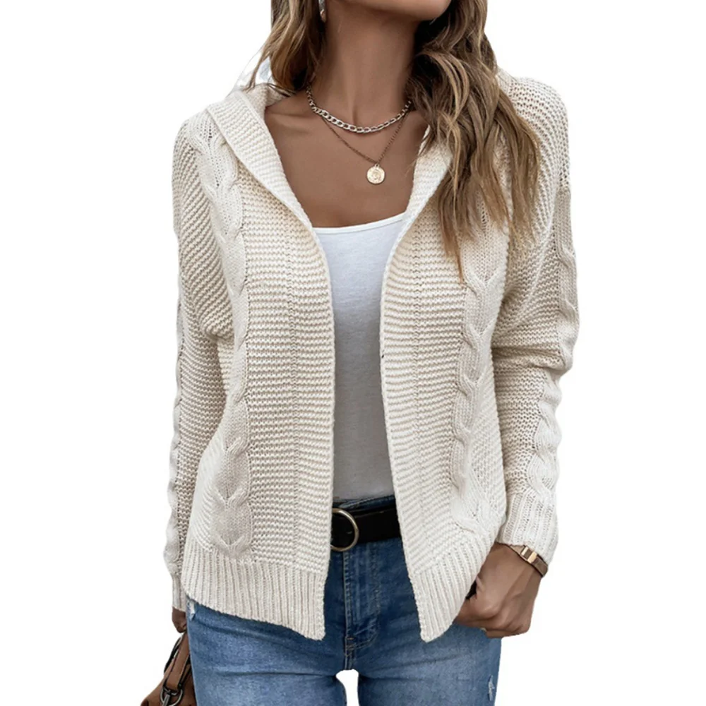 Woman Cable Knit Sweater Coat Hooded Pure Color Long Sleeve Leisure Sweater Coat for Outing Dating Beige XL