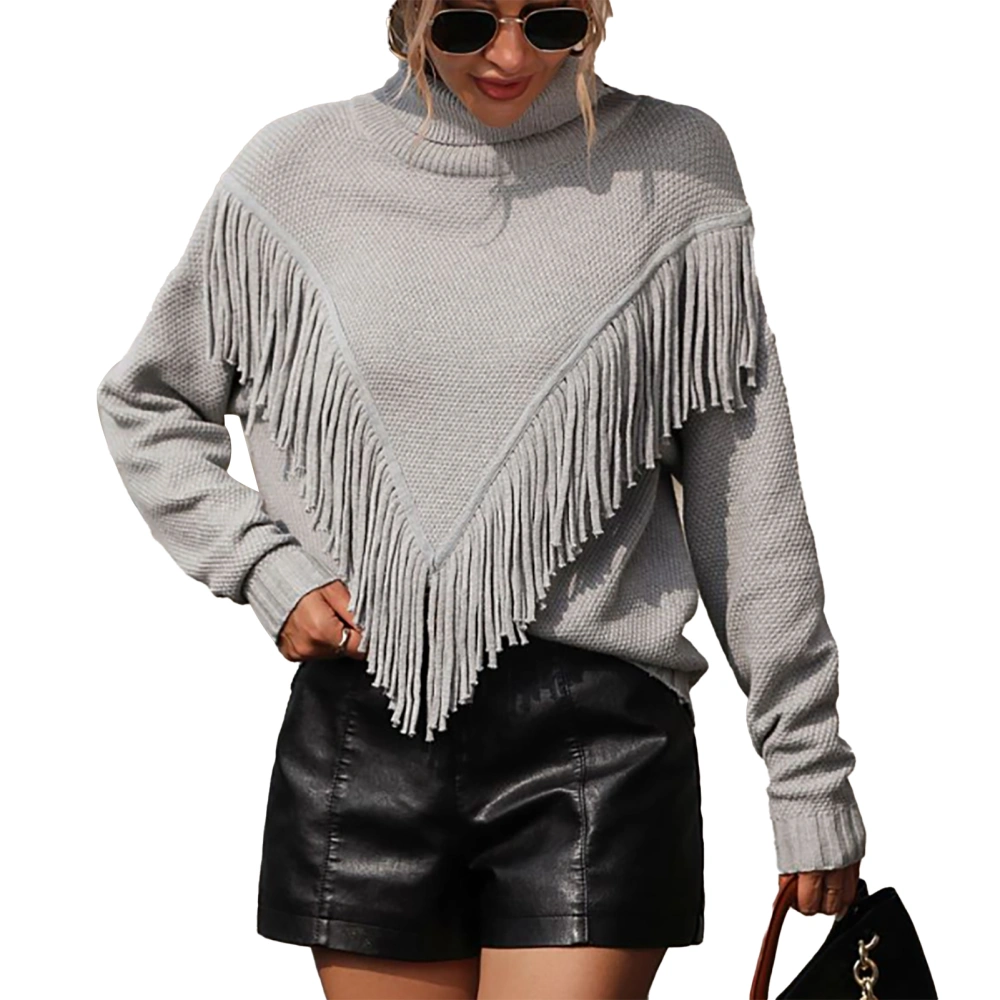 Women Knit Sweater High Neck Long Sleeve Pullover Fringe Tassel Trim Loose Comfortable Pure Color Women Sweater for Daily Grey L