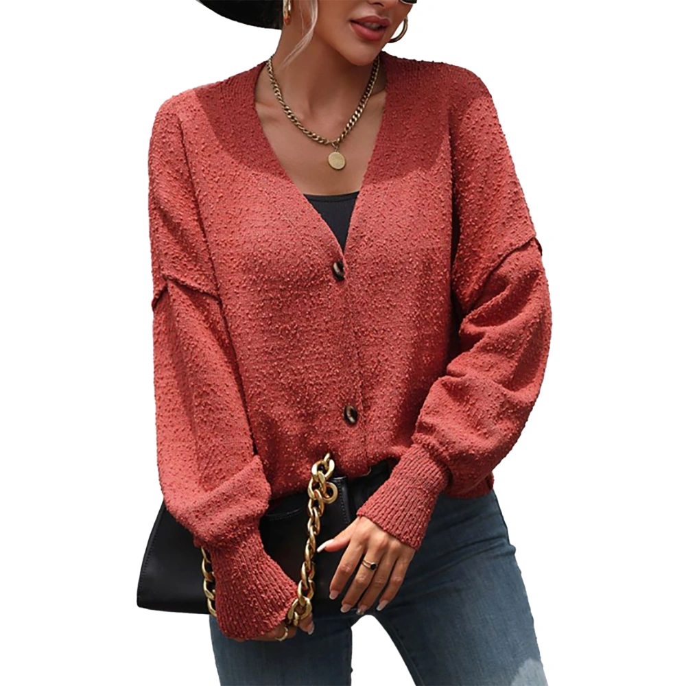 Women Open Front Sweater Button Down V Neck Long Sleeve Solid Color Knitwear Coat for Home Daily Wear Brownish Red S