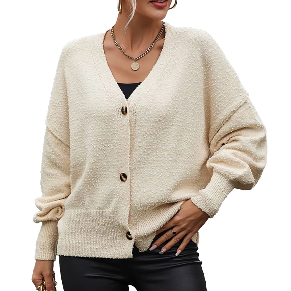 Women Open Front Sweater Button Down V Neck Long Sleeve Solid Color Knitwear Coat for Home Daily Wear Apricot M