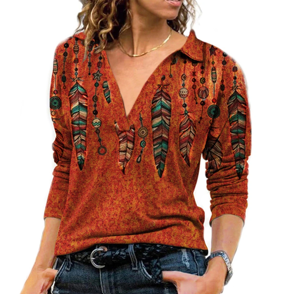 Woman V Neck Fashion Print Shirt Turn Down Collar Stylish Shirt Long Sleeve Loose Top Orange Pendant XXXXL