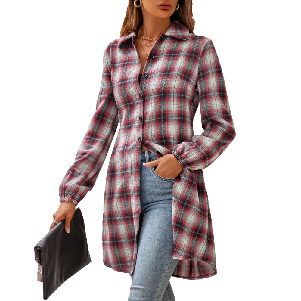 Women Plaid Jacket Turn Down Collar Button Up Back Bow Tie Long Sleeve Casual Shirt Top Red S