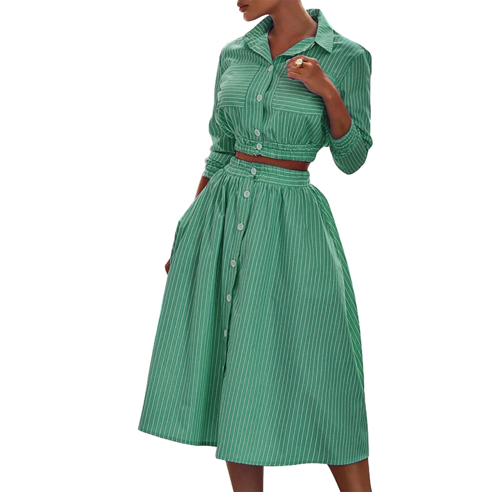 Women 2 Piece Skirt Top Set Long Sleeve Turn Down Collar Button Down Tank Top and Half Midi Skirt for Daily Work Party Green XL