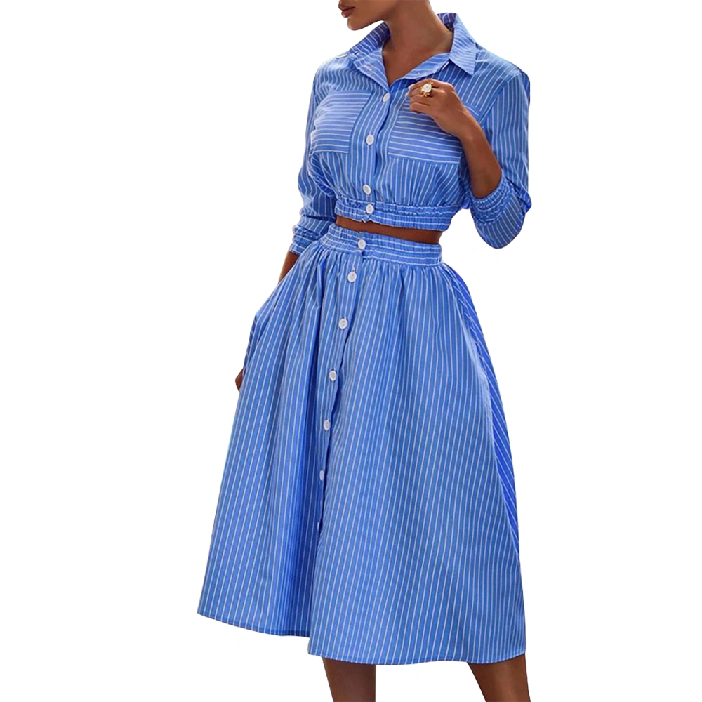 Women 2 Piece Skirt Top Set Long Sleeve Turn Down Collar Button Down Tank Top and Half Midi Skirt for Daily Work Party Blue S