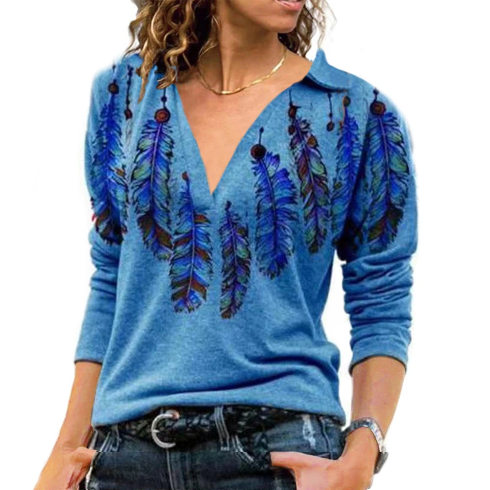 Woman V Neck Fashion Print Shirt Turn Down Collar Stylish Shirt Long Sleeve Loose Top Blue Pendant XXL