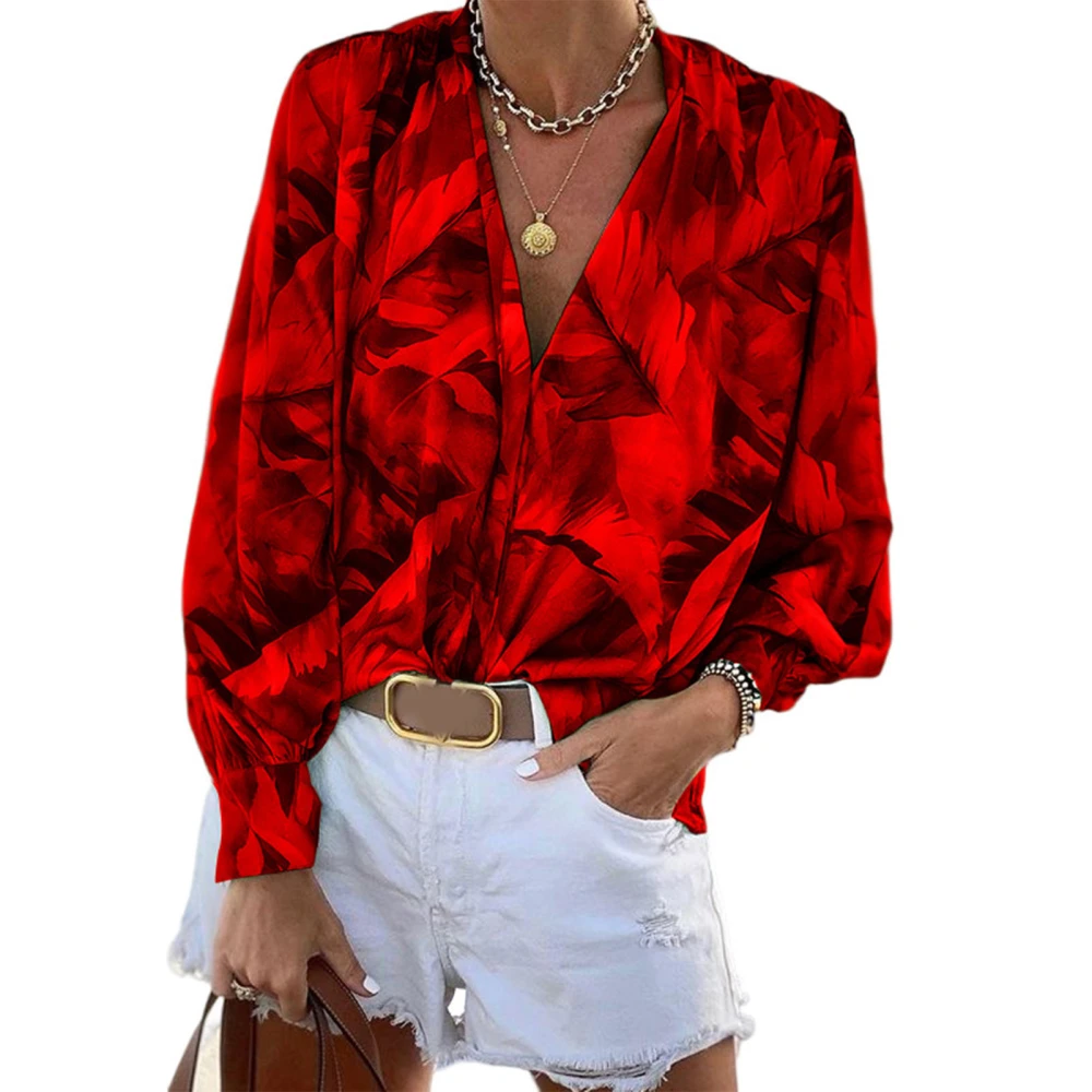 V Neck Print Long Sleeved Blouse Pullover Fashion Soft Skin Friendly Leisure Shirt for Shopping Traveling Red S