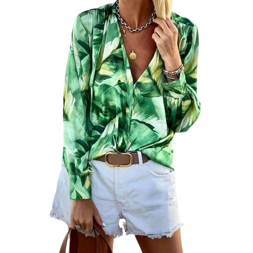 V Neck Print Long Sleeved Blouse Pullover Fashion Soft Skin Friendly Leisure Shirt for Shopping Traveling Green XL