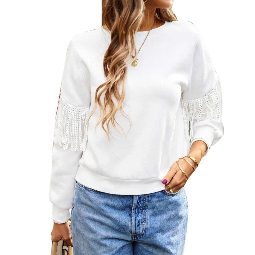 Women Round Neck Long Sleeve Top Leisure Simple Loose Clothing for Autumn Winter White L