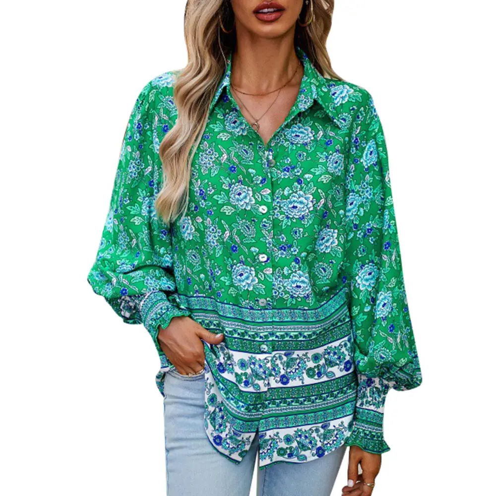 Woman Fashion Print Shirt Turn Down Collar Button Up Shirt Elastic Shirred Cuff Decoration Long Sleeve Shirt Green M