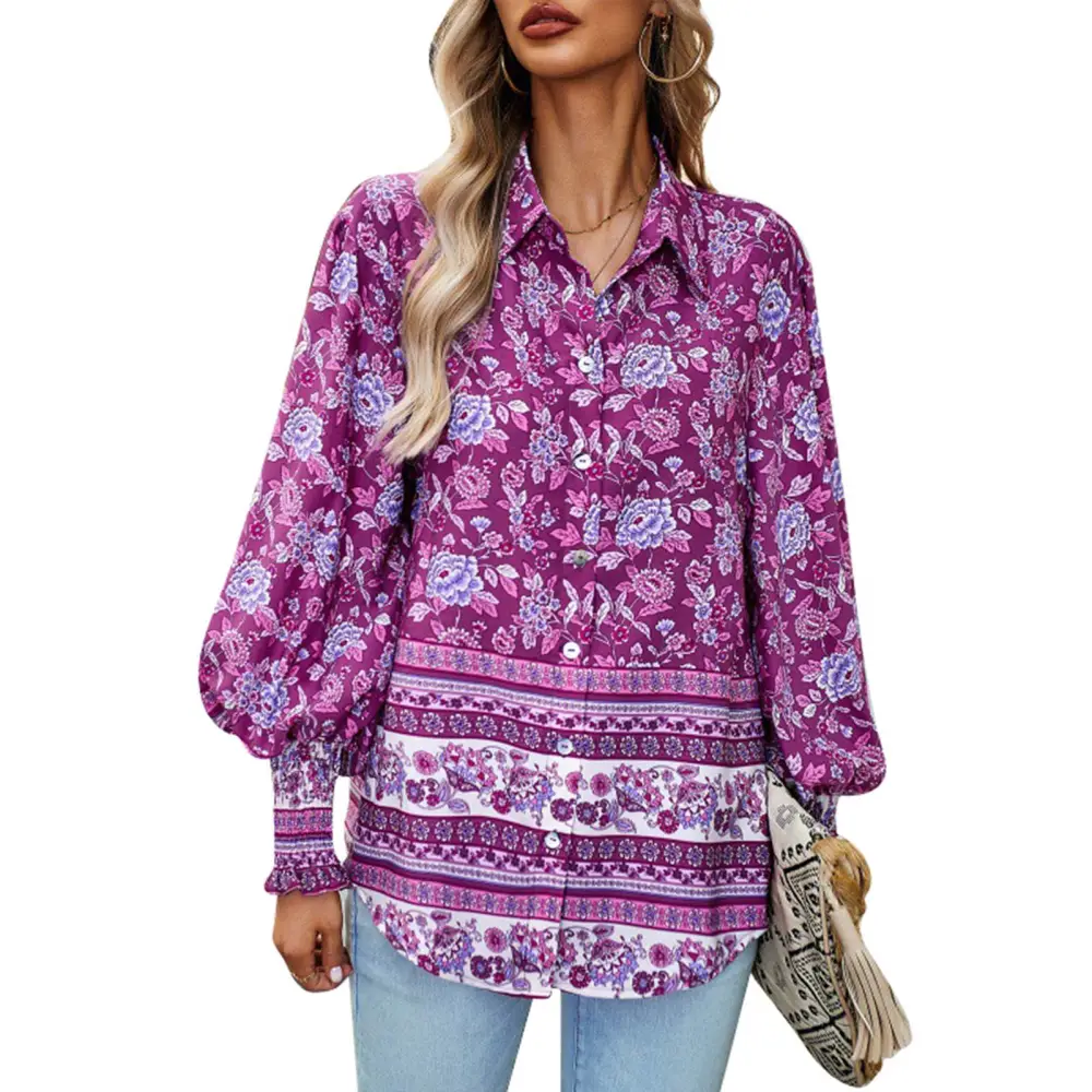 Woman Fashion Print Shirt Turn Down Collar Button Up Shirt Elastic Shirred Cuff Decoration Long Sleeve Shirt Purple XL