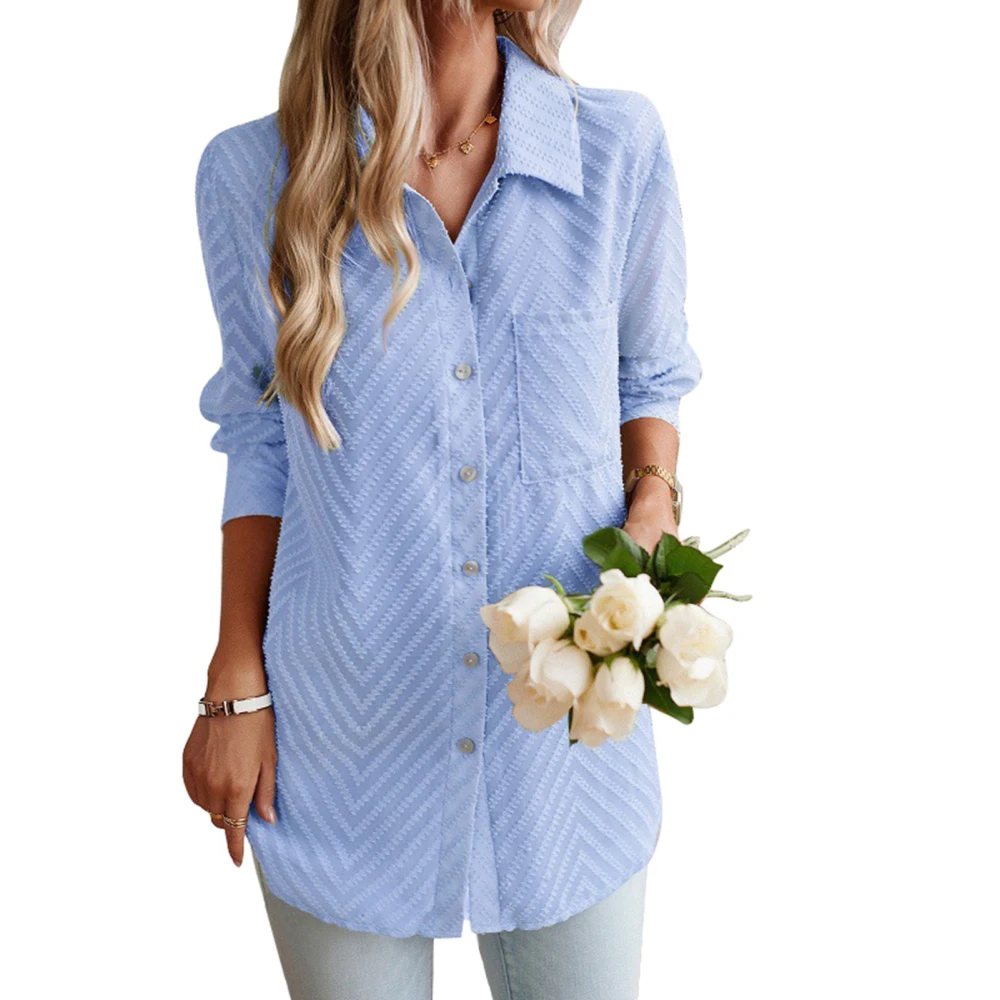 Women Long Sleeve Button Up Blouse Turn Down Collar Chest Pocket Pure Color Jacquard Shirt Top Blue XL