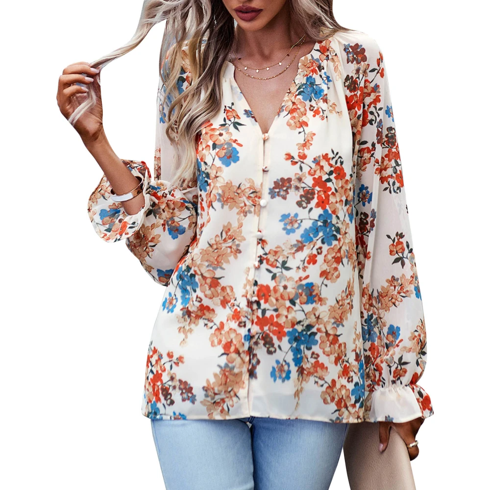 Women Long Sleeve Shirt V Neck Ruffle Cuffs Loose Fitting Casual Floral Printing Blouses for Daily Wear Apricot M