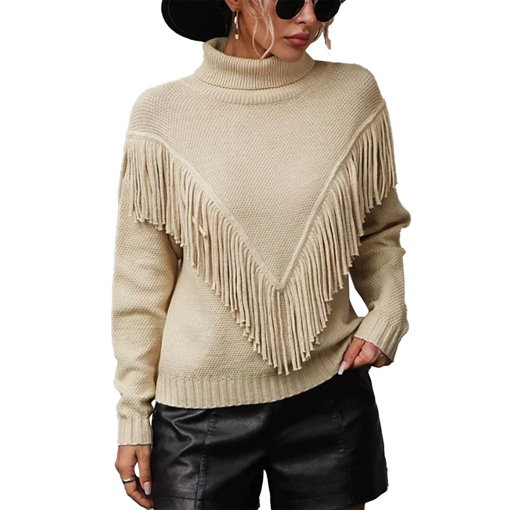 Women Knit Sweater High Neck Long Sleeve Pullover Fringe Tassel Trim Loose Comfortable Pure Color Women Sweater for Daily Apricot L