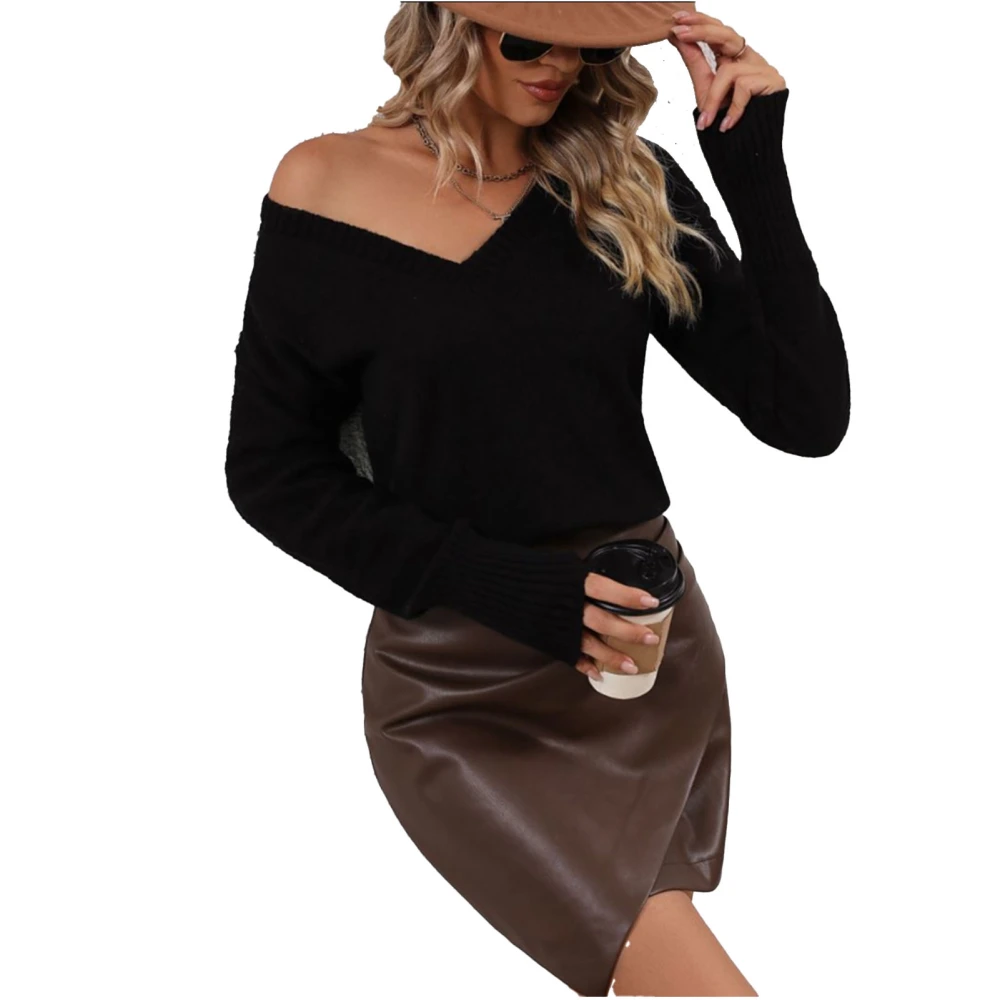 Women Knitwear Long Sleeve Sweater V Neck Pullover Sweater Loose Knit Top for Indoor Outdoor Black XL