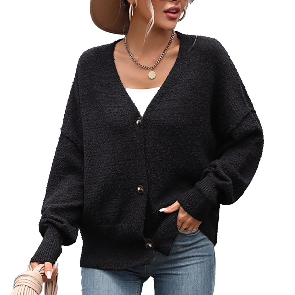 Women Open Front Sweater Button Down V Neck Long Sleeve Solid Color Knitwear Coat for Home Daily Wear Black L