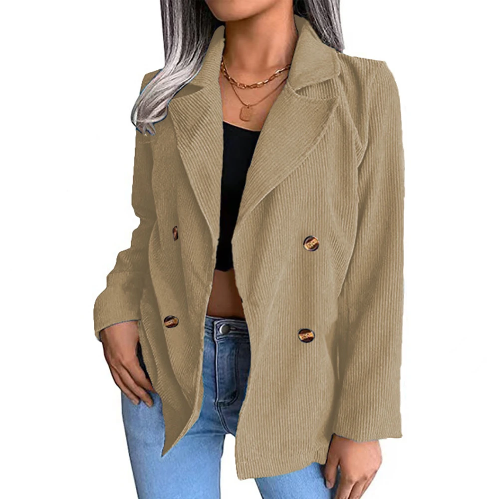 Women Coat V Neck Button Up Long Sleeves Short Office Jacket Casual Double Breasted Work Suit Khaki XL