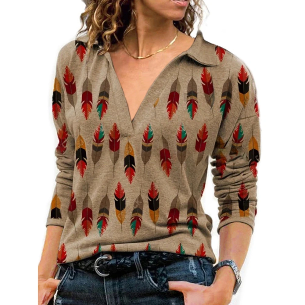 Woman V Neck Fashion Print Shirt Turn Down Collar Stylish Shirt Long Sleeve Loose Top Feather XXXXXL