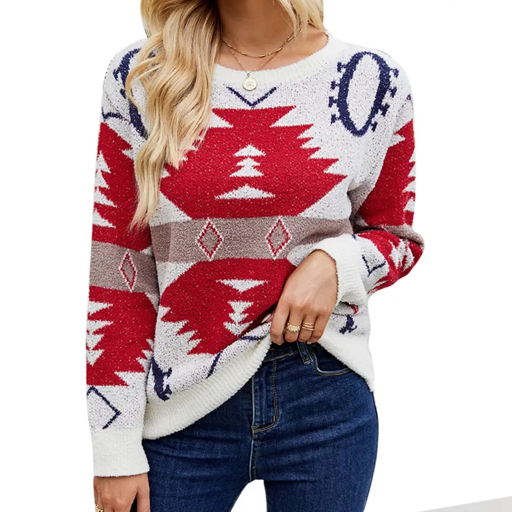 Women Christmas Pullover Sweater Crew Neck Long Sleeve Loose Fit Color Blocking Knitted Top Apricot XL