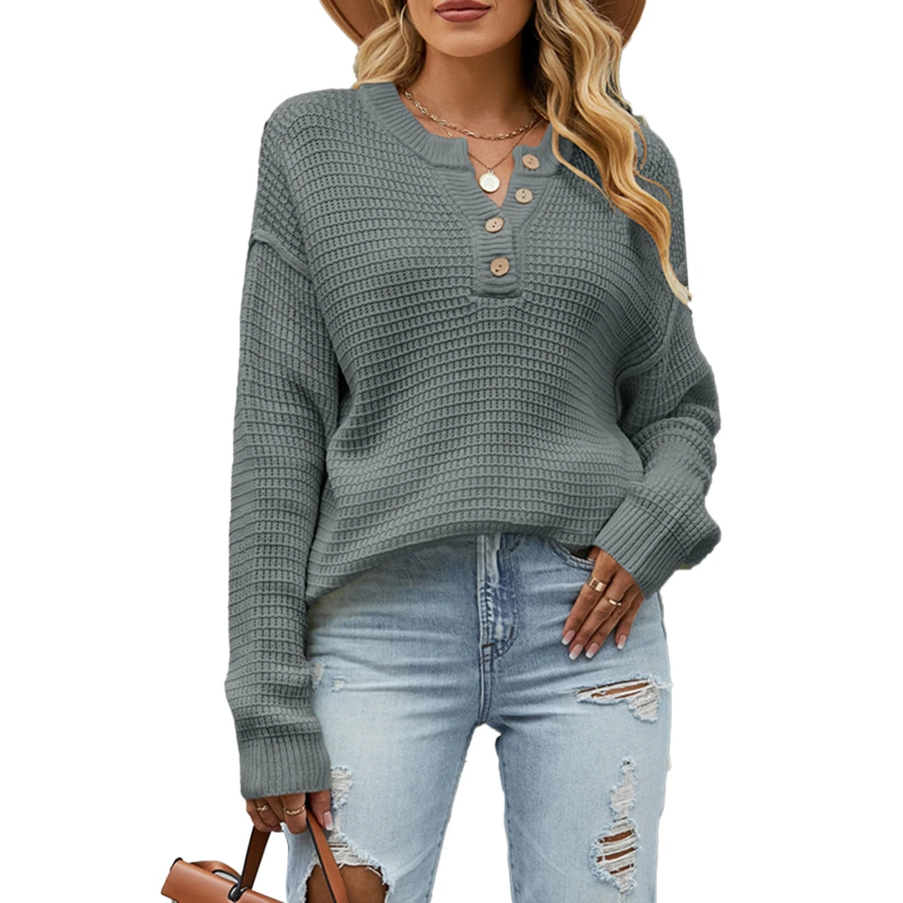 Woman Knit Round Neck Sweater Button Front Pure Color Long Sleeve Comfortable Pullover Sweater Grey XL