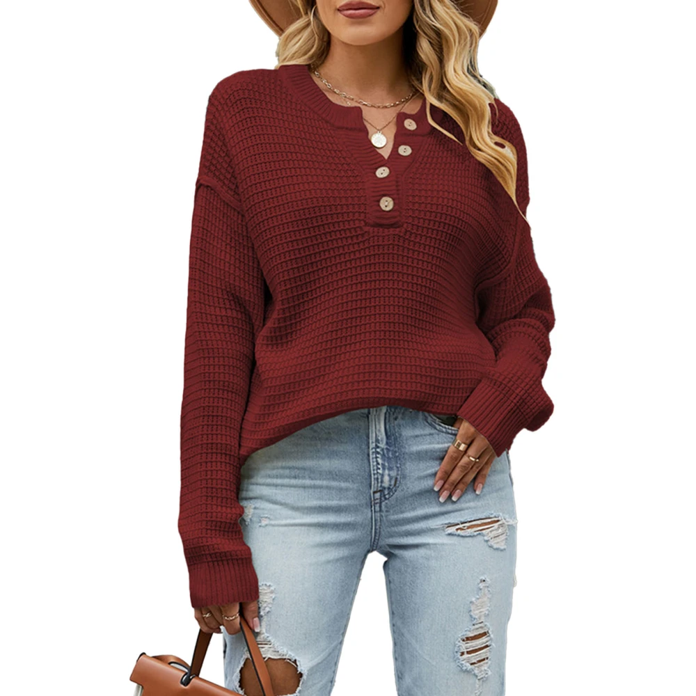 Woman Knit Round Neck Sweater Button Front Pure Color Long Sleeve Comfortable Pullover Sweater Wine Red L