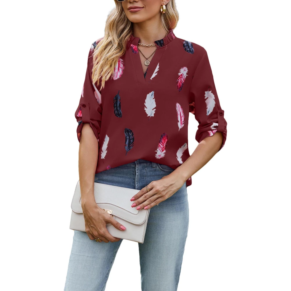 Feather Printed Blouse Top 3/4 Sleeve V Neckline Casual Fitted Feather Printed Blouse for Women Burgundy M