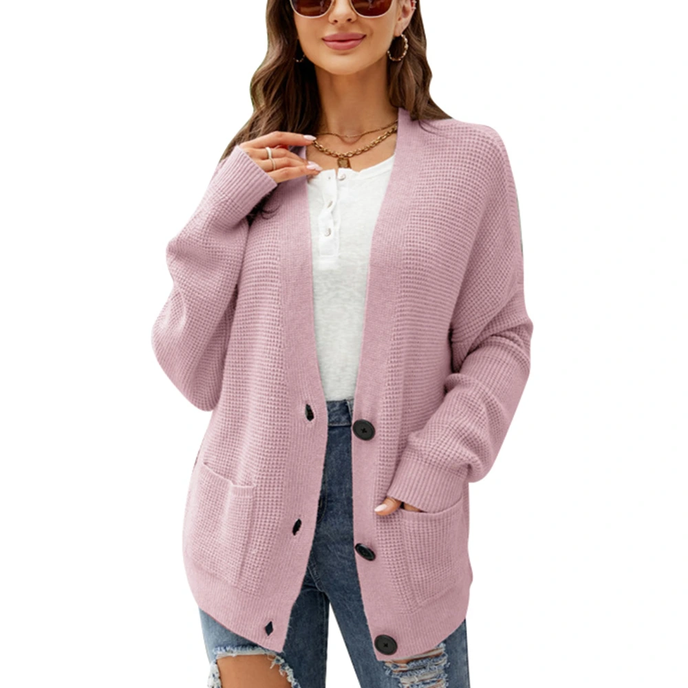 Women Open Front Sweater Button Up Pure Color Loose Fit V Neck Knit Outerwear with Pockets Pink M