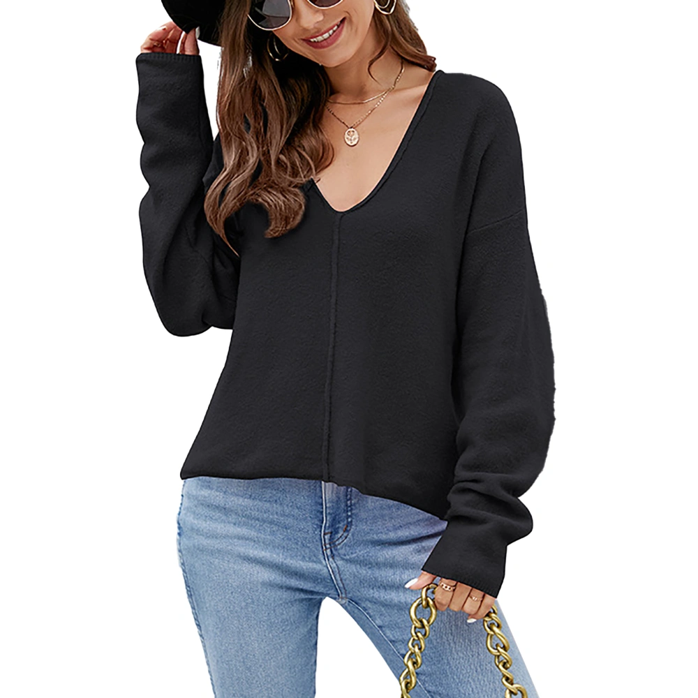 Women Long Sleeve V Neck Knit Pullover Tops Fashion Casual Loose Pure Color Women Long Sleeve Sweater for Daily Party Work Black S