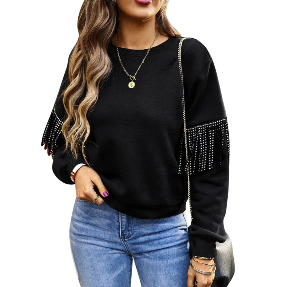 Women Round Neck Long Sleeve Top Leisure Simple Loose Clothing for Autumn Winter Black M