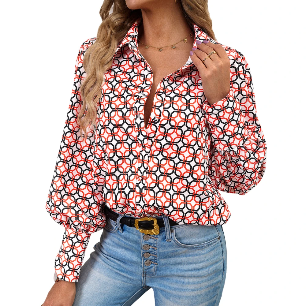 Women Button Down Shirt Printed Loose Comfortable Long Sleeve Collared Blouse for Work Shopping Office School White M